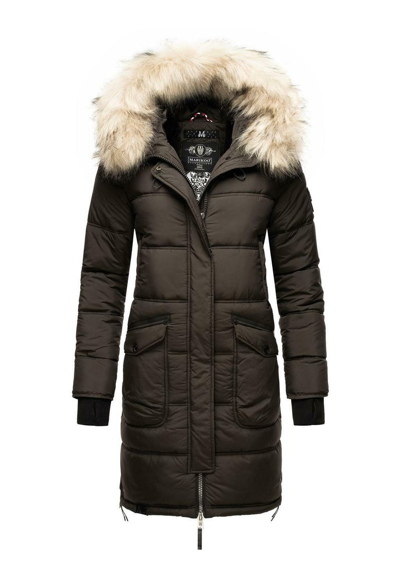 Dark brown padded parka jacket with a faux fur hood, featuring front zip closure, two side pockets, and ribbed cuffs for added warmth.