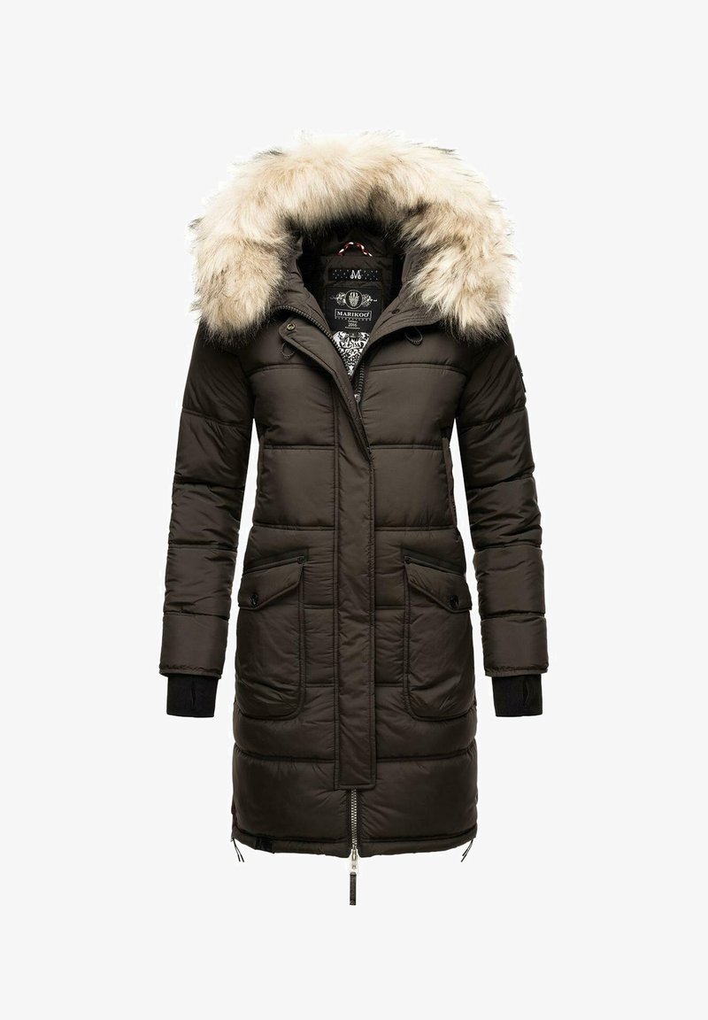 Dark brown padded parka jacket with a faux fur hood, featuring front zip closure, two side pockets, and ribbed cuffs for added warmth.