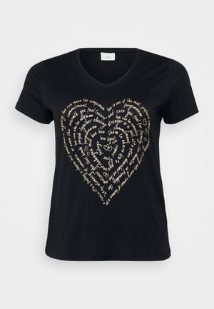 Zwart V-hals T-shirt met een hartvormig tekstontwerp in lichtbeige, met woorden over liefde, medeleven en toewijding in cursief.