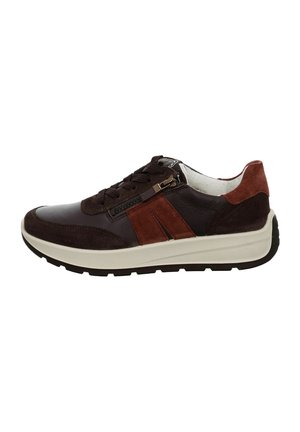 Leather and suede sneaker in dark brown with rust accents, featuring a lace-up design and a side zipper, set on a white and black sole.