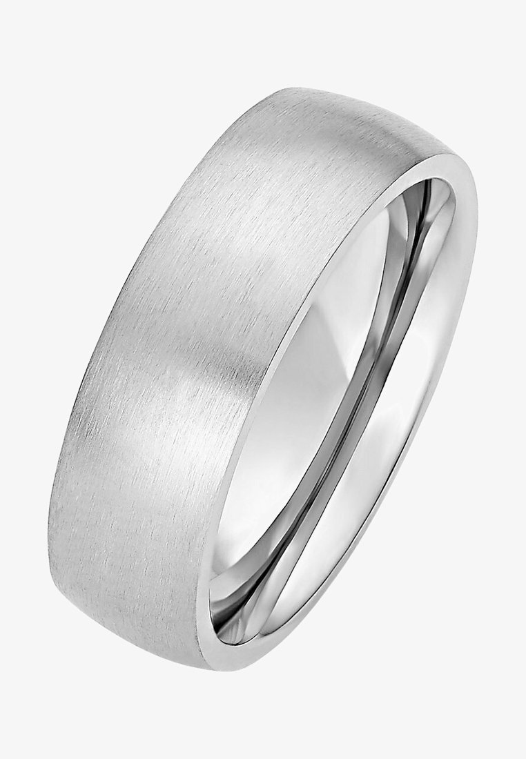 Fede nuziale in metallo bianco con finitura spazzolata. L'anello presenta un design piatto e bordi lisci, offrendo un aspetto minimalista.