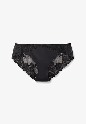 Sorte trusser med en glat stofforside og intrikate blomsterbroderier i kanten på taljen og bagsiden, med bølgede kanter.