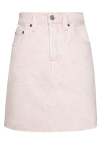 Jupe en denim rose clair à taille haute, avec une fermeture à boutons, des rivets en cuivre et deux poches latérales. Texture lisse, longueur mini.