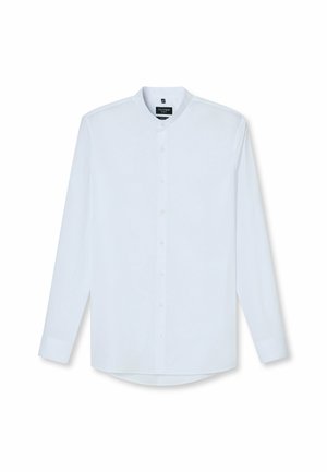 Weißes Langarmhemd mit Stehkragen, ausgestattet mit einer durchgehenden Knopfleiste und einem glatten, strukturierten Stoff.