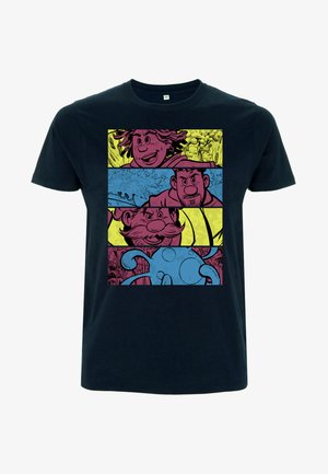 Marinblå bomullströja med en flerfärgad comic-stil tryck av karaktärer i paneler med gula, rosa och blå sektioner.