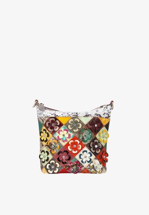 Kleine handtas met kleurrijke doorgestikte leren vierkantjes, elk versierd met een gelaagde bloem en een centrale strasssteen, bovenaan een ritssluiting.