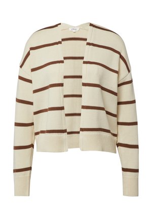 Gestrickter Cardigan in Creme mit braunen horizontalen Streifen. Offene Vorderseite, überschnittene Schultern und gerippte Bündchen. Weiche Textur, lockere Passform.