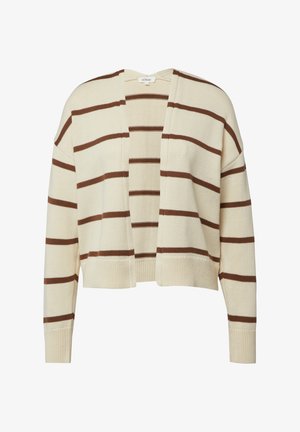 Gestrickter Cardigan in Creme mit braunen horizontalen Streifen. Offene Vorderseite, überschnittene Schultern und gerippte Bündchen. Weiche Textur, lockere Passform.