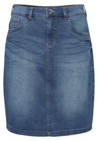 Jeanskjol i mellanblått med en åtsittande silhuett, framfickor och synliga sömmar längs sömmarna och fållen.