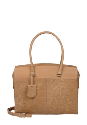 Tan leren handtas met een glad en textuur croco-patroon, dubbele handvatten, een afneembare tag en een verstelbare schouderriem.