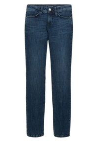Jean slim en denim bleu foncé avec bouton à l'avant, fermeture éclair et design cinq poches par Tom Tailor.