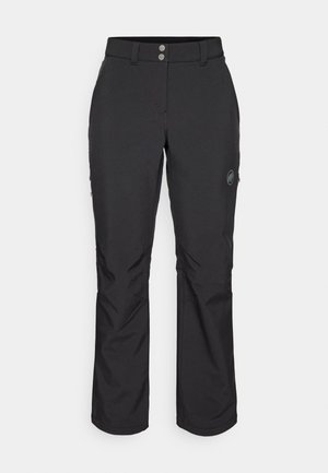 Black outdoor pants with a straight cut, featuring a button closure, zippered side pockets, and a logo patch on the left thigh.