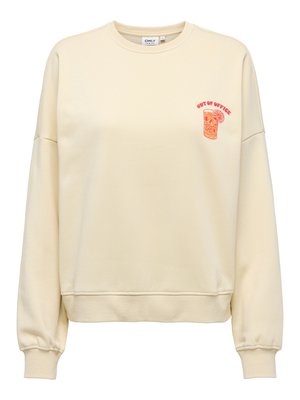 Sudadera de manga larga color crema con puños y dobladillo acanalados, con texto rojo "OUT OF OFFICE" y gráfico de bebida con hielo en el pecho.