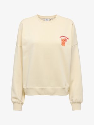 Kremfarget langermet genser med ribbestrikkede mansjetter og kant, med rød tekst "OUT OF OFFICE" og grafikk av en iskald drikke på brystet.