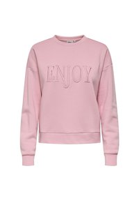 Lichtroze sweatshirt met lange mouwen en "ENJOY" in grote letters geborduurd op de borst, met een ronde halslijn en geribde boorden.