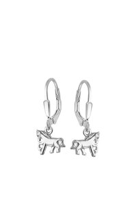 Zilveren oorbellen met kleine paardencharms, met een hengsel- en leversluitingsontwerp. Gepolijste afwerking, eenvoudige vorm en gedetailleerde paardenomtrekken.