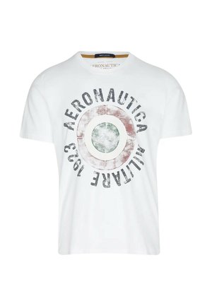 Maglietta bianca a maniche corte con un disegno circolare sbiadito in rosso, bianco e verde e il testo "AERONAUTICA MILITARE 1923" intorno.
