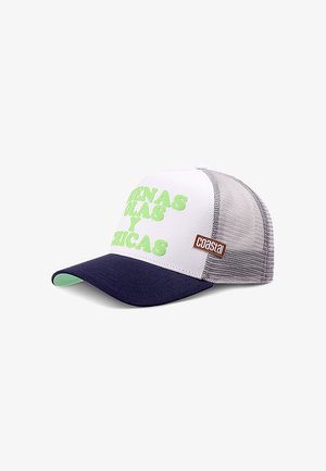 Baseball cap with a white front, green text, navy visor, and gray mesh back. Features a brown logo patch on the side.