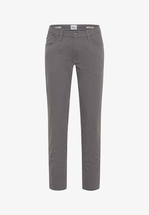 Grå bukser med lige ben, frontknap, lynlås, bæltestropper og fem-lomme-design, vist på hvid baggrund.