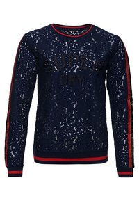 Marinblå spetströja med "SUPER DRY" broderat i svart, med röda och gyllene randiga detaljer på ärmarna, ribbade cuffs och nederkant.