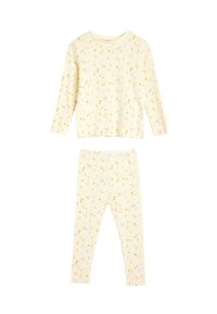 Ribbet, langærmet top og leggings sæt i blød gul med et blomstermotiv, der har pink og blå blomster. Behageligt stof til afslapning.