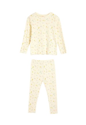 Conjunto de top de manga larga acanalado y leggings en un suave color amarillo con un patrón floral que presenta flores rosas y azules. Tela cómoda para relajarse.