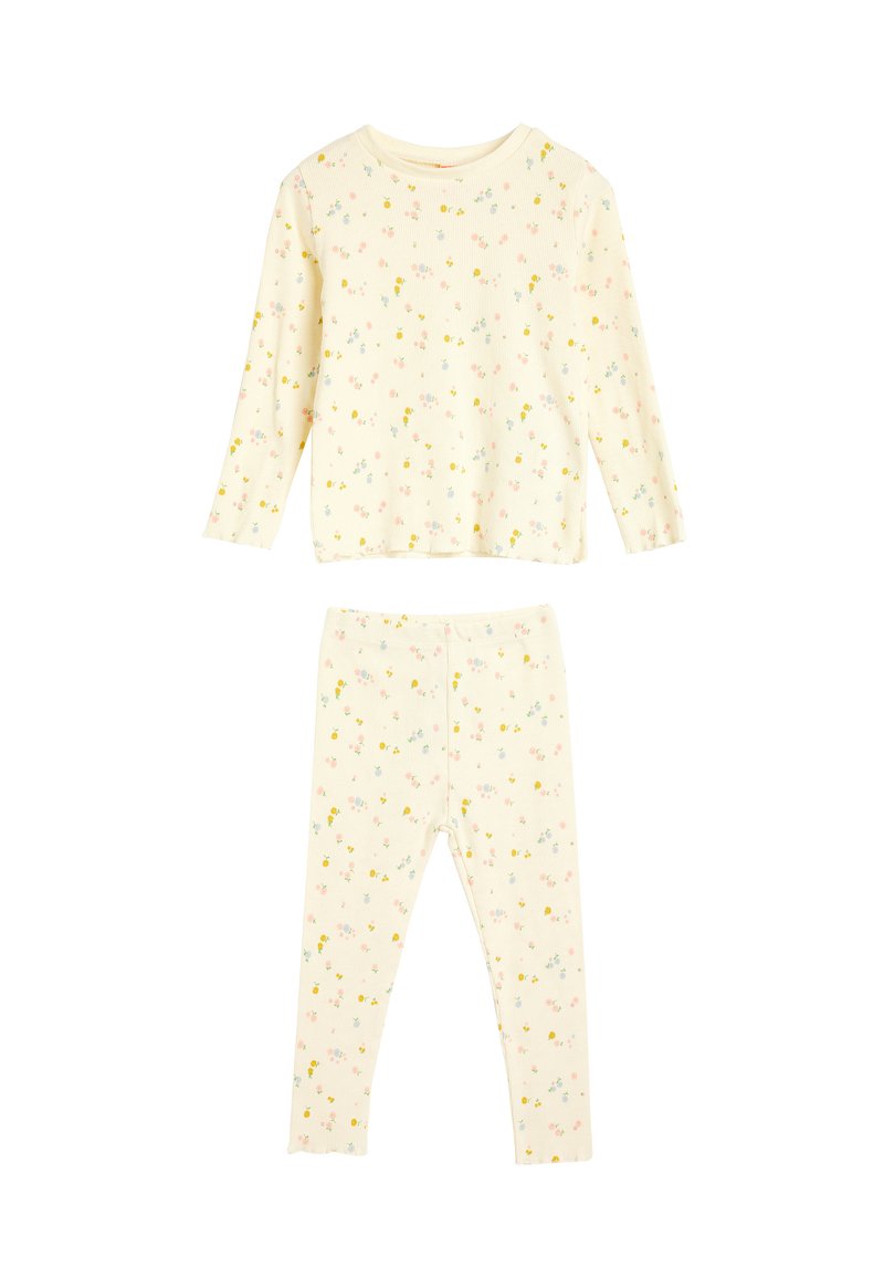 Ribbet, langærmet top og leggings sæt i blød gul med et blomstermotiv, der har pink og blå blomster. Behageligt stof til afslapning.
