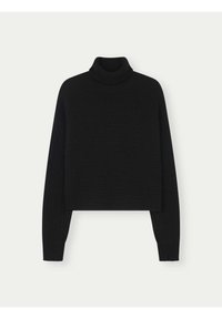 Svart kortärmad tröja med ribbad textur, hög polokrage och långa ärmar, med en avslappnad passform och mjukt stickat material.