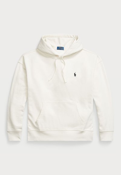 White cotton hoodie with a front pocket, drawstring hood, and a small embroidered logo on the chest. Ribbed cuffs and hem.