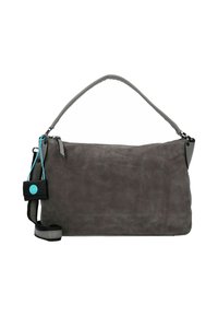 Borsa a mano rettangolare in suede grigio scuro con manico superiore singolo, tracolla staccabile e piccolo astuccio nero attaccato da un cordino blu.