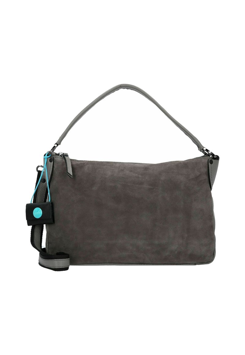 Borsa a mano rettangolare in suede grigio scuro con manico superiore singolo, tracolla staccabile e piccolo astuccio nero attaccato da un cordino blu.