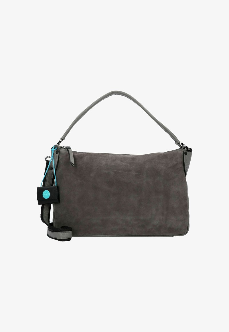 Borsa a mano rettangolare in suede grigio scuro con manico superiore singolo, tracolla staccabile e piccolo astuccio nero attaccato da un cordino blu.