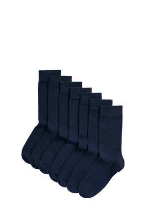 Marinblå bomullssockar med ribbad mudd, slät textur och klassisk design. Set om åtta med konsekvent färg och stil.