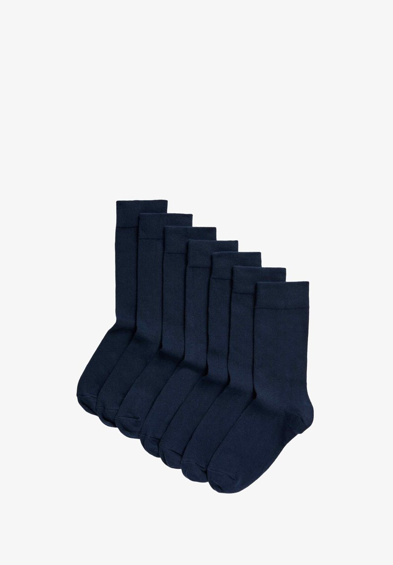 Calzini in cotone blu navy, con polsino a coste, texture liscia e design classico. Set di otto con colore e stile coerenti.