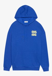 Blue hoodie made of soft fabric featuring a front pocket and a drawstring hood. The front has the text "COOL KIDS" in light yellow.