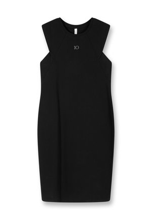 Vestido negro sin mangas hecho de tela suave, con un diseño ajustado, escote redondeado y un número "10" bordado en el pecho.