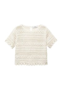 Biała szydełkowa bluzka z krótkimi rękawami, z teksturowanym wzorem i falbaniastym dołem. Detal z dekoltem w kształcie łezki z tyłu. Lekki materiał.