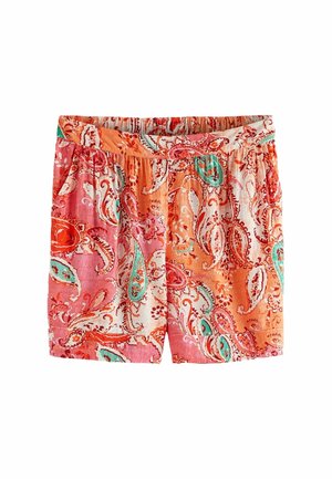 Shorts med elastisk talje med lyserødt, orange og hvidt paisley-mønster og turkise detaljer lavet af let stof.