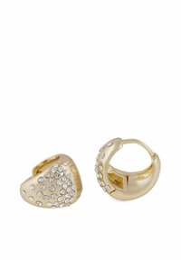Guld hoopsörhängen med en texturerad yta prydd med klara rhinestones, som uppvisar en rund form och design med gångjärnslås.
