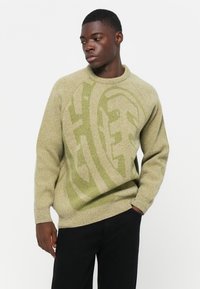 Lichtgroene gebreide trui met een groot groen logo-patroon, ronde hals en geribde manchetten; gecombineerd met donkere jeans.