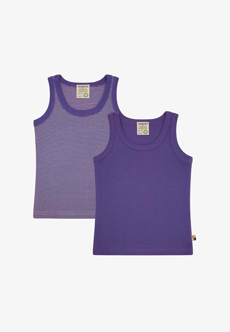 Two purple tank tops: one solid and one with thin white horizontal stripes. Both have rounded necklines and tag labels at the back.