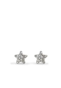 Boucles d'oreilles en forme d'étoile argentée ornées de cristaux transparents et de détails complexes. Petit design en clou, adapté pour un port quotidien.