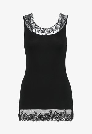 Black tank top featuring lace trim at the neckline and bottom hem, made from smooth fabric with a fitted design.