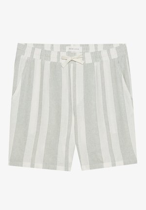 Striped shorts made of light fabric, featuring alternating green and white stripes, an elastic waistband, and a front bow tie detail.