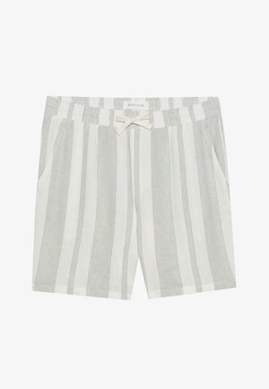 Gestreifte Shorts aus leichtem Stoff, mit abwechselnd grünen und weißen Streifen, einem elastischen Bund und einem vorderen Schleifendetail.