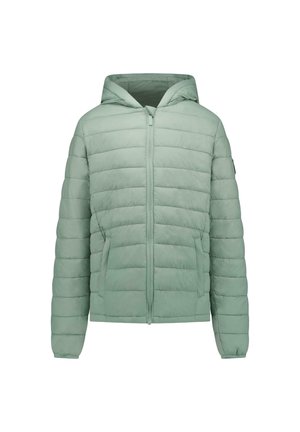 Lichtgroene doorgestikte jas met capuchon, voorrits en twee zijzakken, lange mouwen en elastische manchetten.