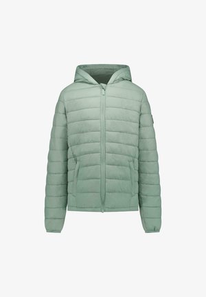 Lichtgroene doorgestikte jas met capuchon, voorrits en twee zijzakken, lange mouwen en elastische manchetten.