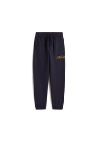 Mörkblå joggingsbyxor med elastisk midja, dragsko, två sidofickor och gult logodetalj på vänster lår. Elastiska mudd vid anklarna.