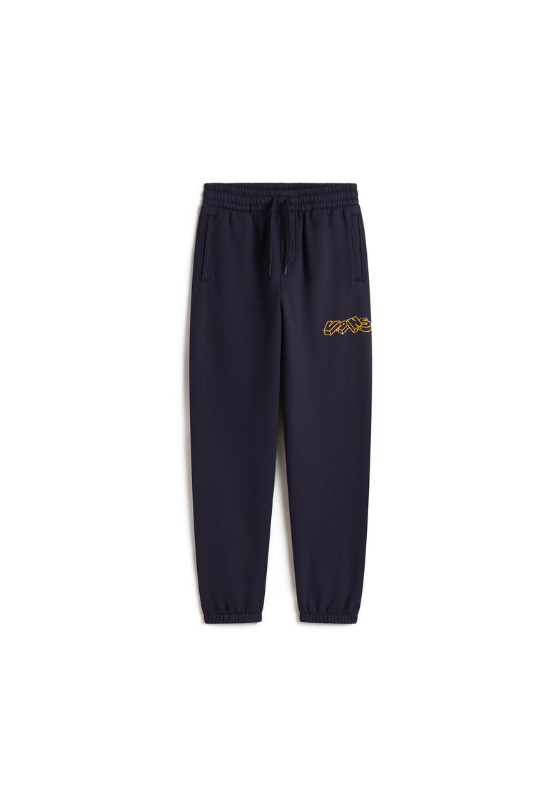 Mörkblå joggingsbyxor med elastisk midja, dragsko, två sidofickor och gult logodetalj på vänster lår. Elastiska mudd vid anklarna.