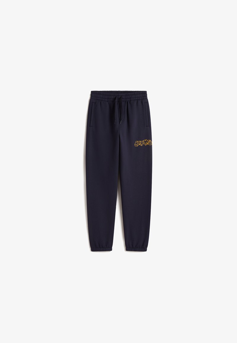Marineblaue Sweatpants mit elastischem Bund, Kordelzug, zwei Seiten Taschen und gelbem Logodetail am linken Oberschenkel. Elastische Bündchen an den Knöcheln.